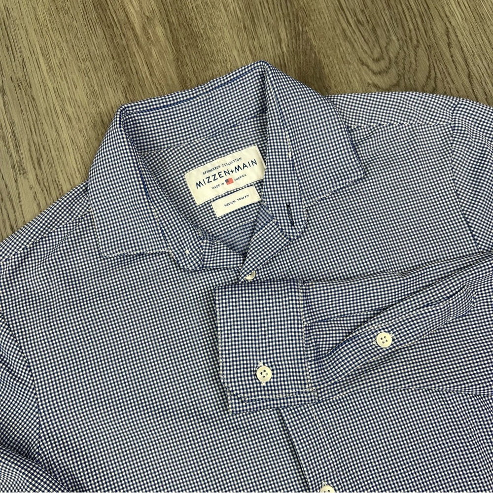 Mizzen + Main Shirt Mens‎ Med Blue White Checkered Spinnaker Button Up Trim Fit